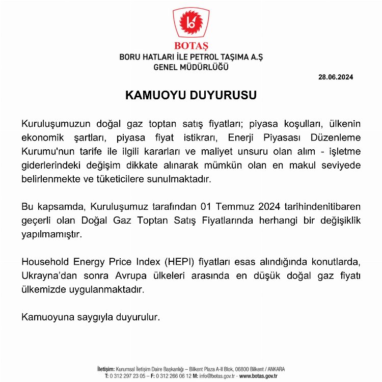 Doğal Gazda Temmuz Tarifesi Değişmedi - RayHaber