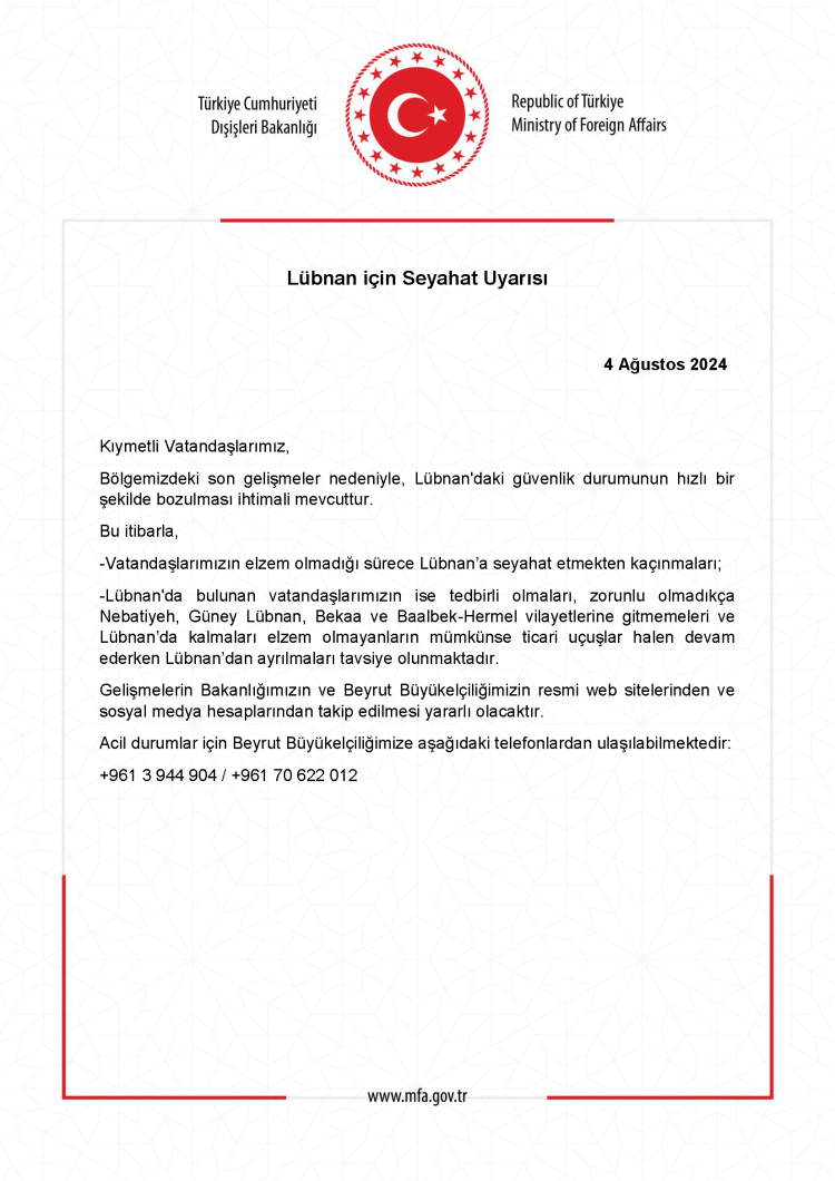 Türkiye'den Lübnan'a Seyahat Uyarısı! - RayHaber