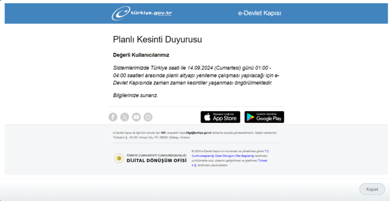 e-Devlet Sistemi Planlı Kesinti Duyurusu - RayHaber